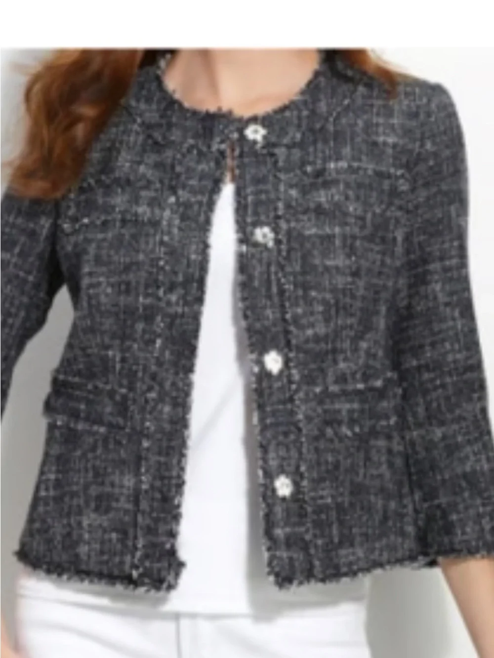 Michael Kors Navy  and White Tweed Frayed-Trim Jacket